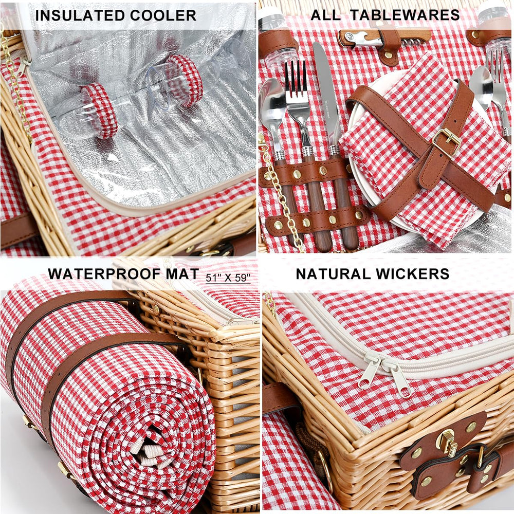 Open SatisInside picnic basket showing utensils and insulated liner