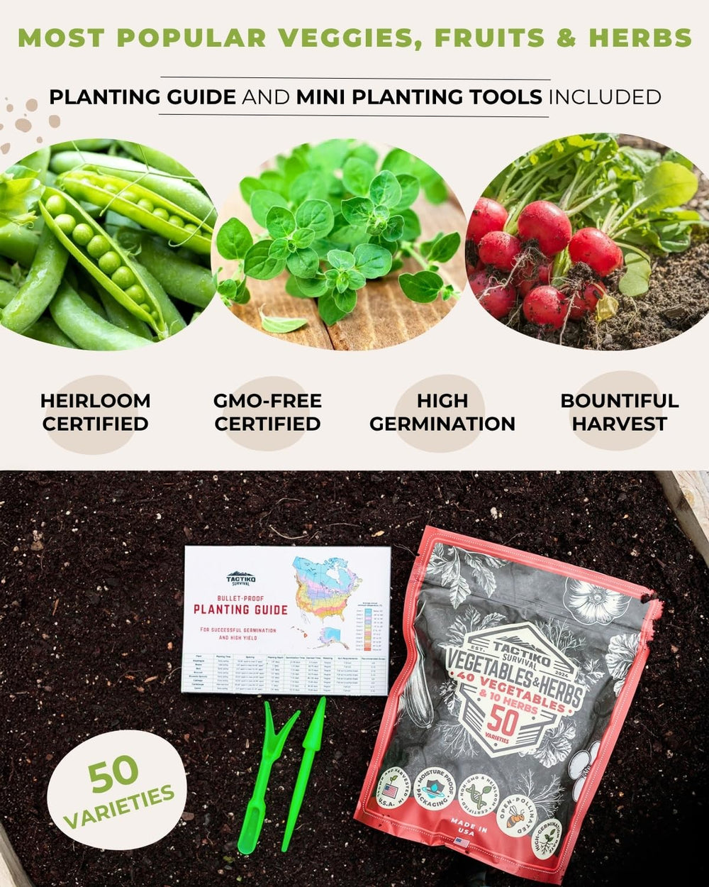 Open Tactiko seed kit showing variety of seeds packets
