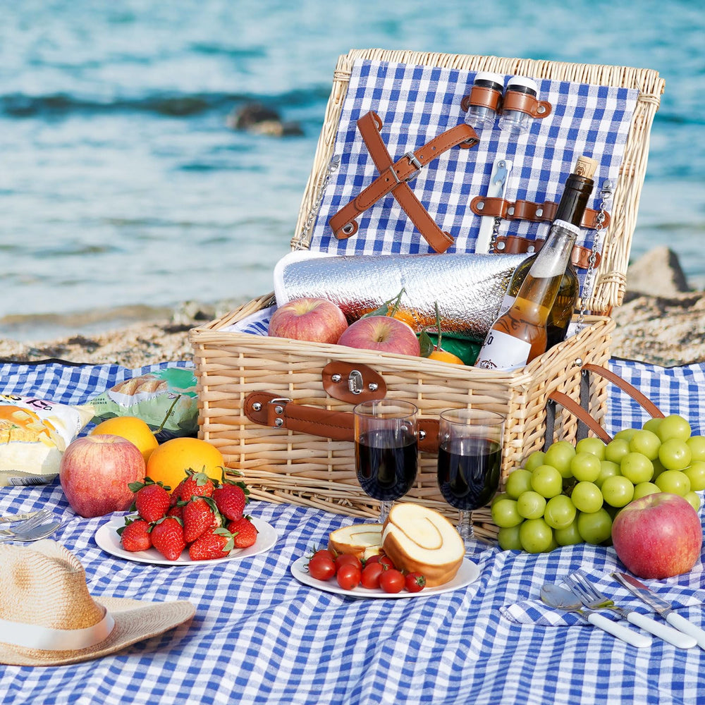 Open view of HappyPicnic wicker picnic basket with contents