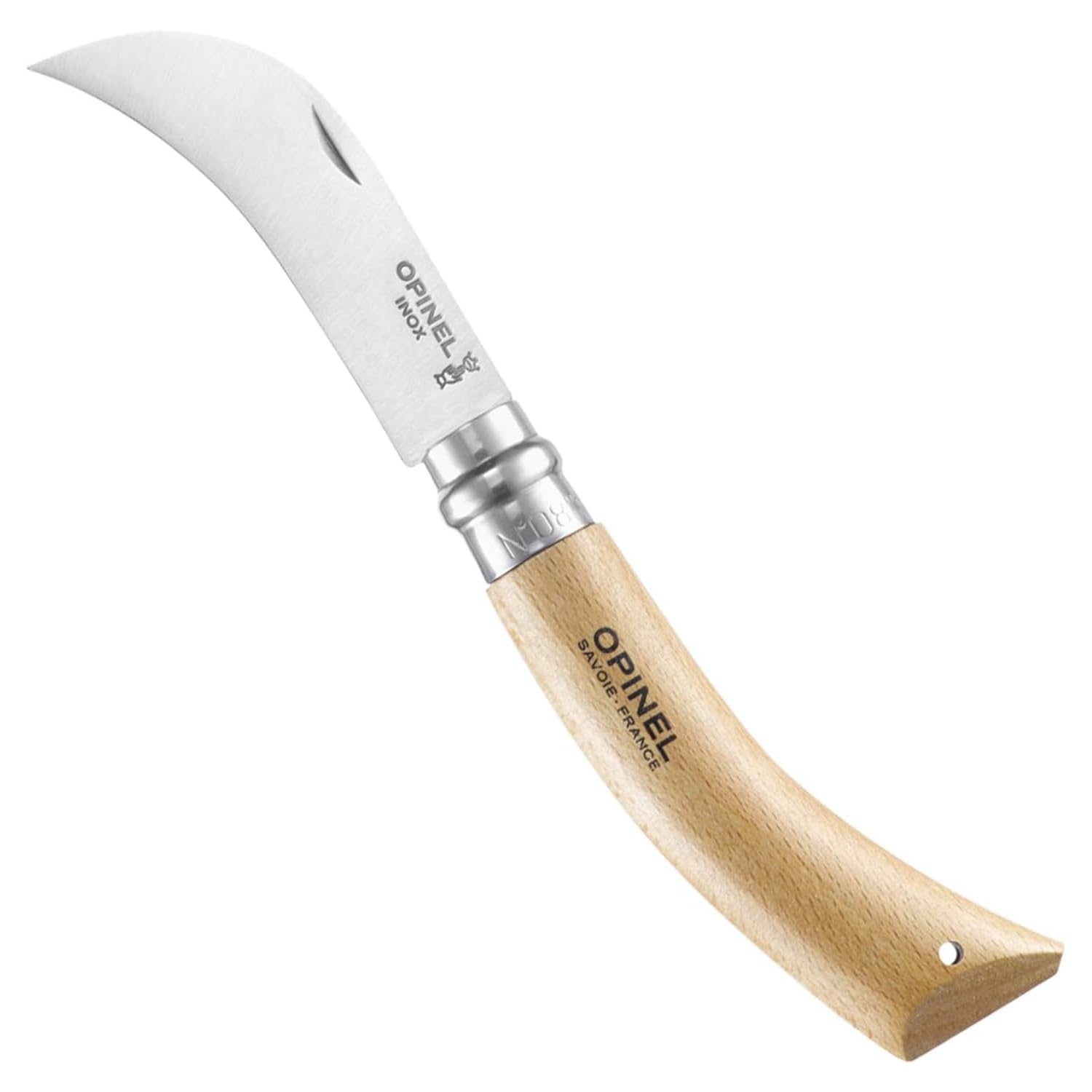 OPINEL No. 8 Pruning Knife front view with beech wood handle
