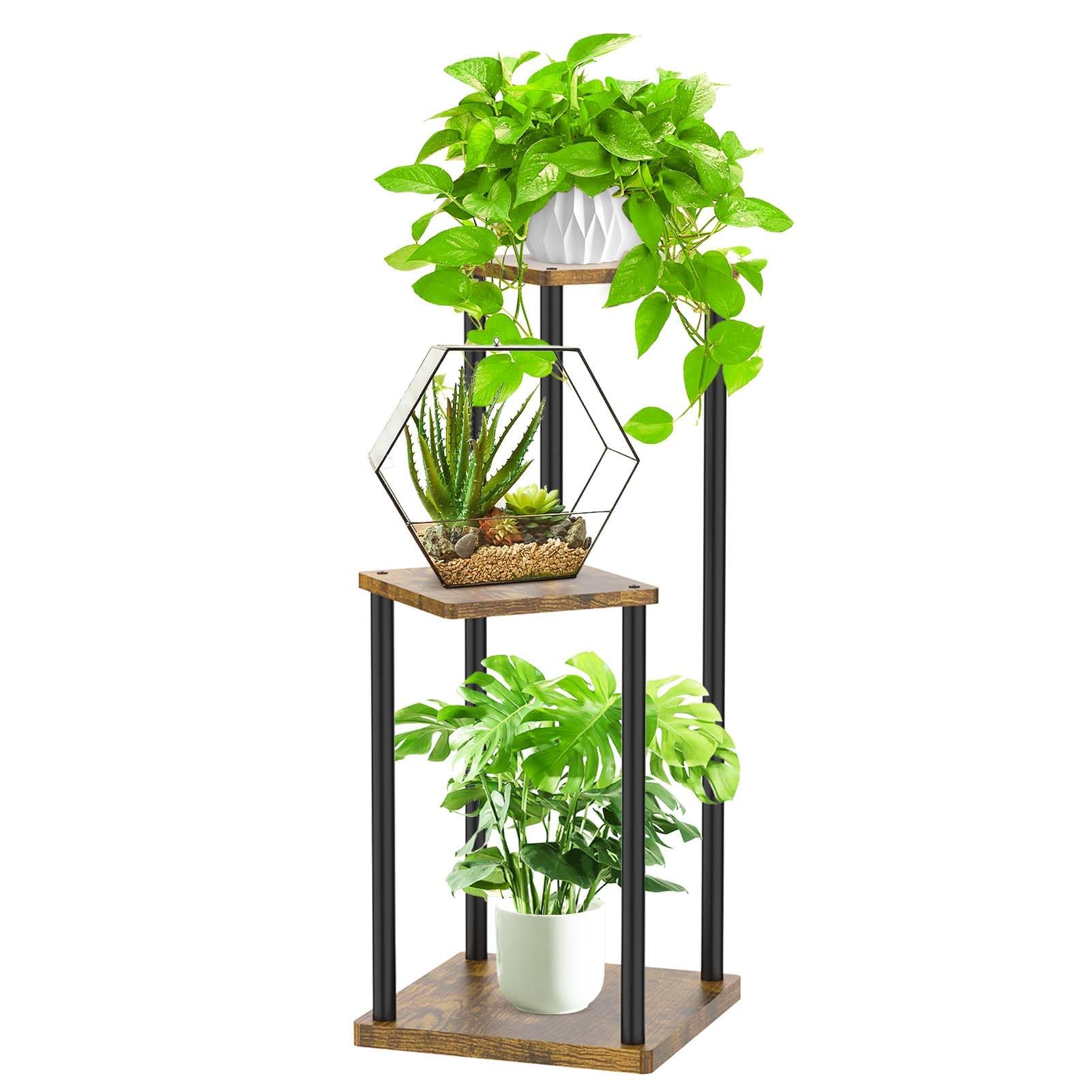 Oppro 3 Tier Metal Plant Stand in black with plants