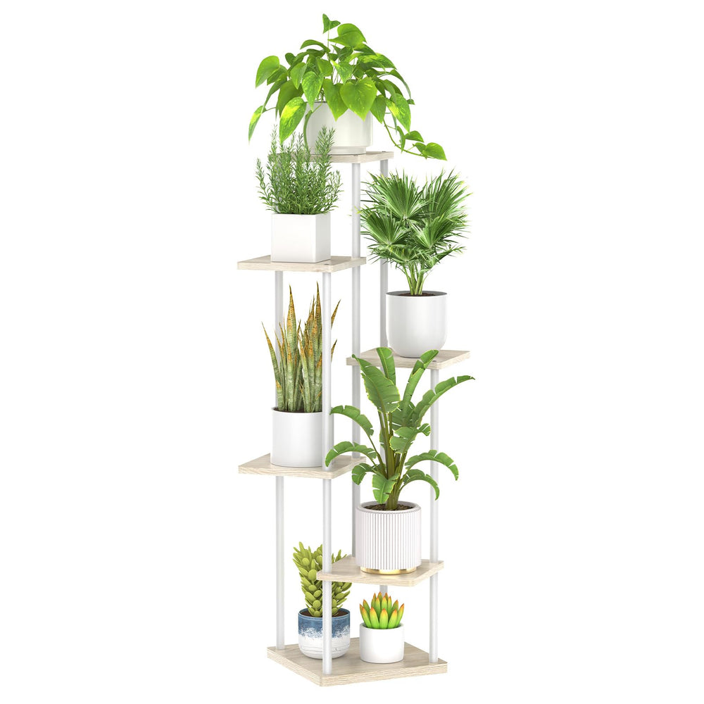 Oppro 6 Tier Tall Plant Stand front view, white metal and wood