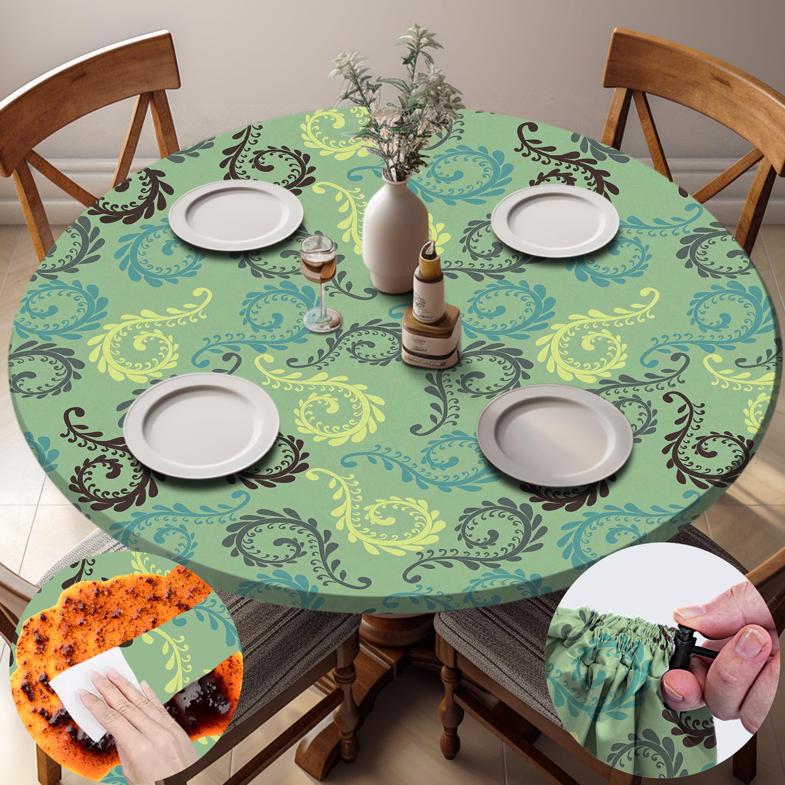 opstellen fitted round tablecloth green cashew flower front view
