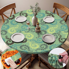 opstellen fitted round tablecloth green cashew flower front view
