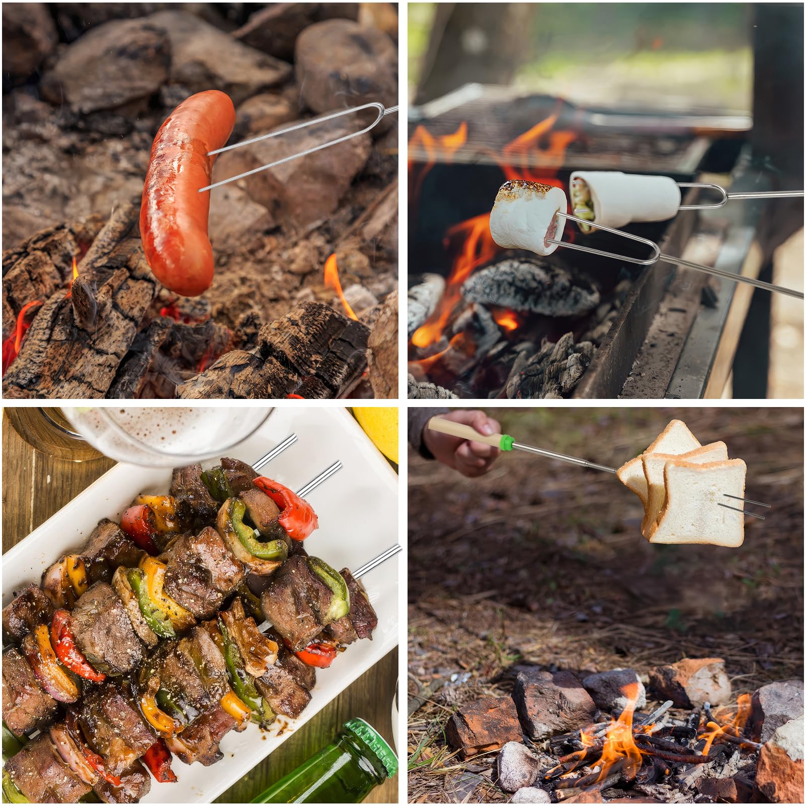 Opvixi roasting stick holding marshmallows over a fire pit