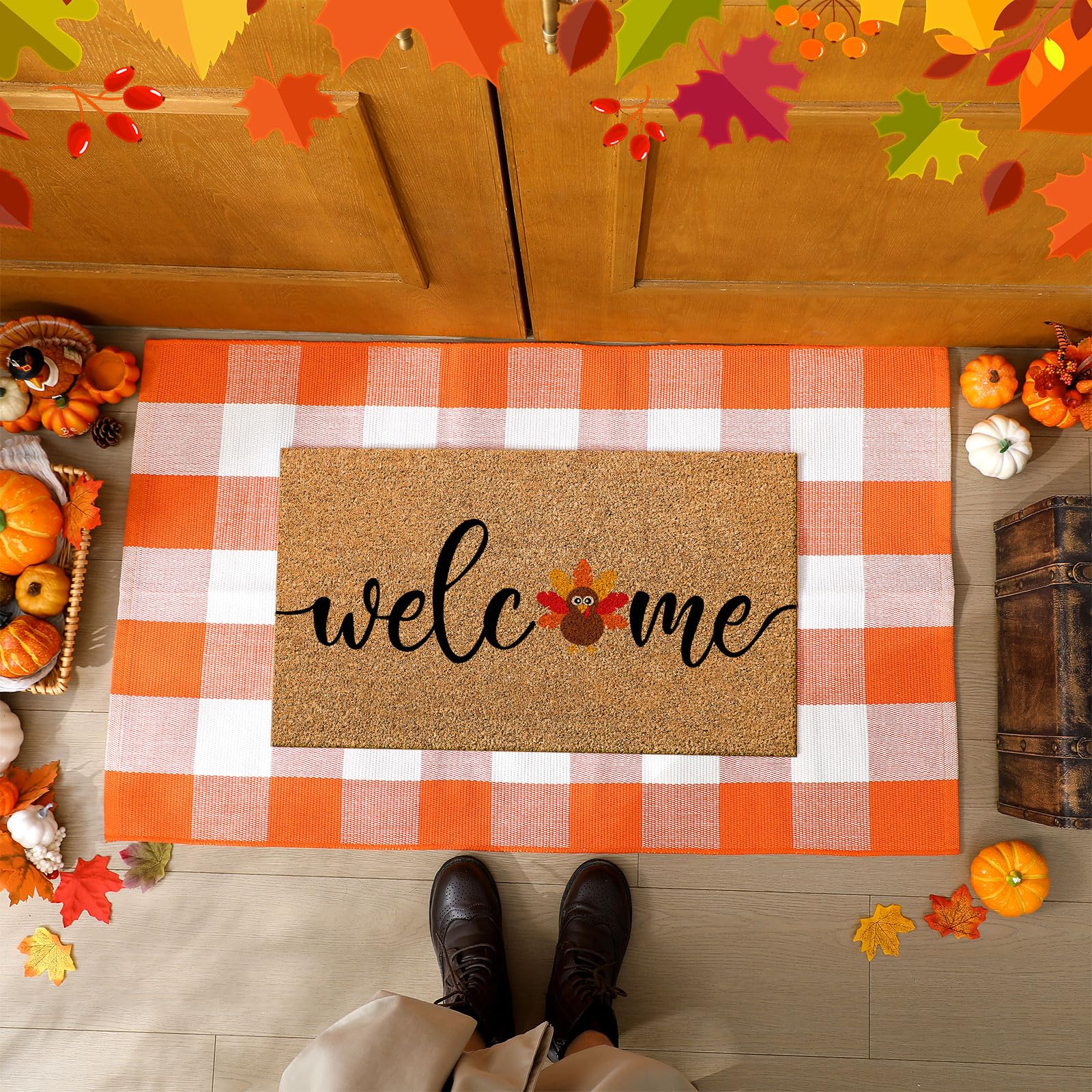 Orange and white plaid rug from Duraaamo Thanksgiving set