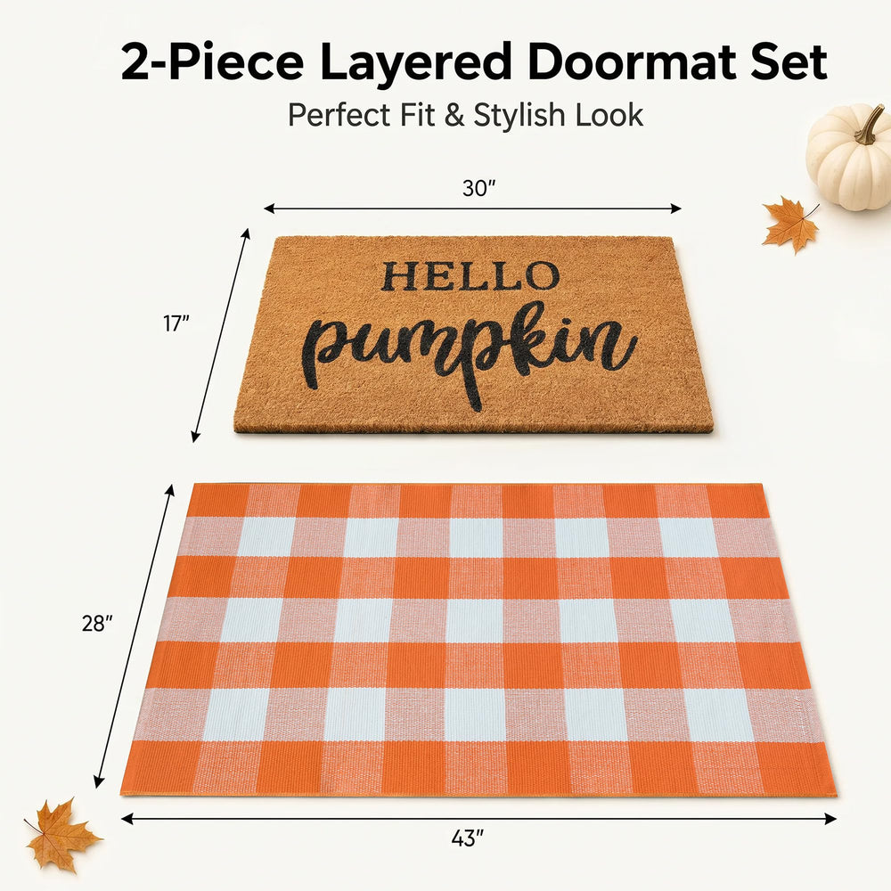 Orange and white plaid rug measuring 43 x 28 inches