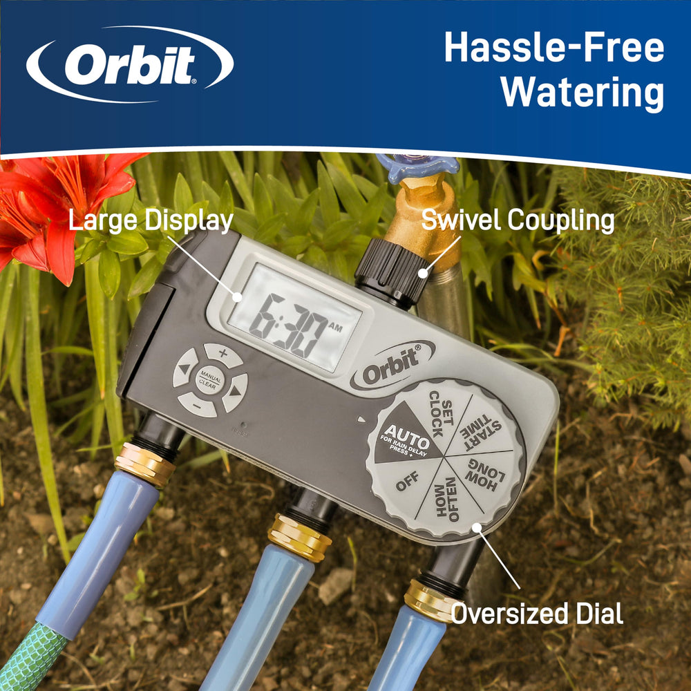 Orbit 2-Station Hose Watering Timer back view with connection ports