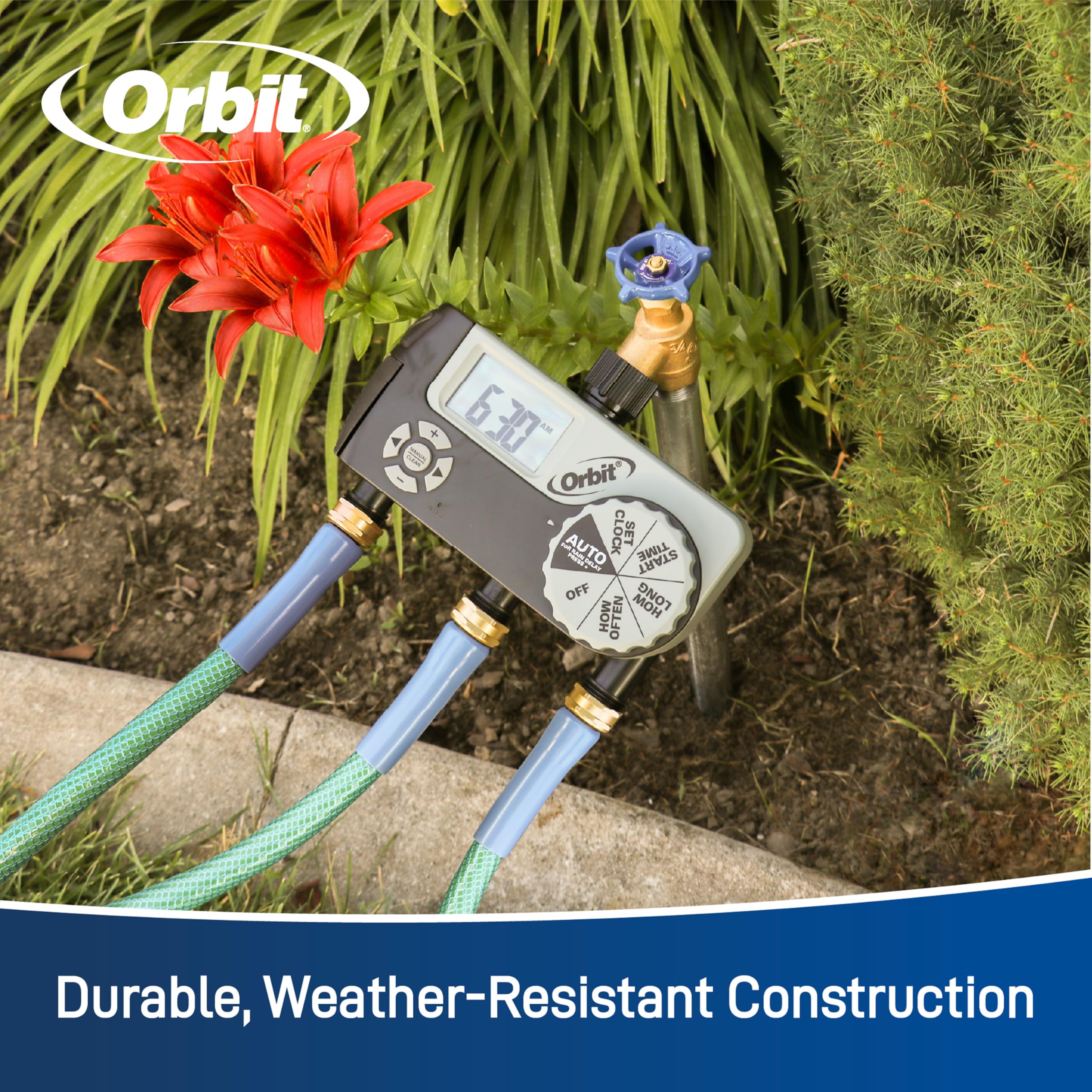 Orbit 2-Station Hose Watering Timer showing connections to hoses