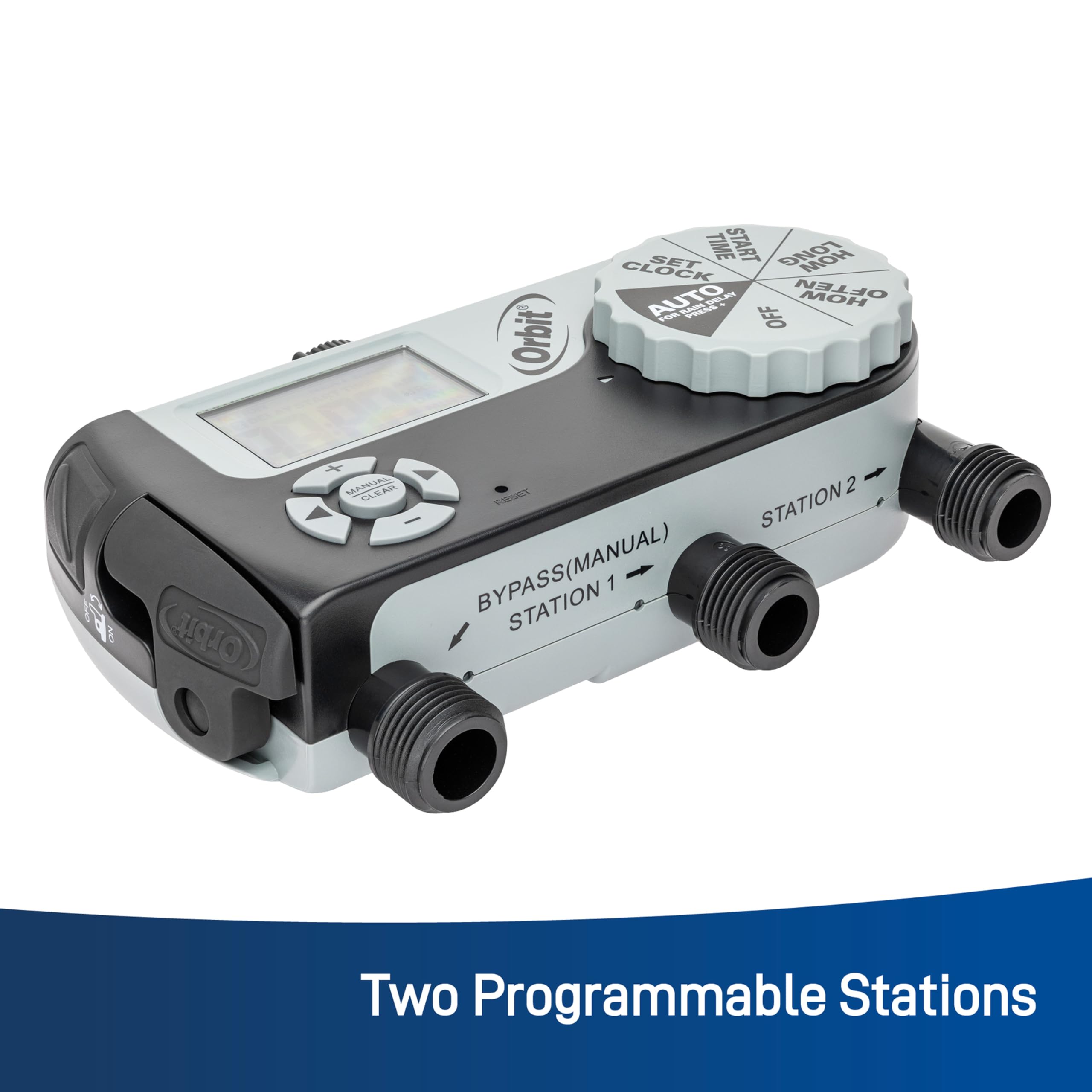 Orbit 2-Station Hose Watering Timer showing programmable settings on LCD