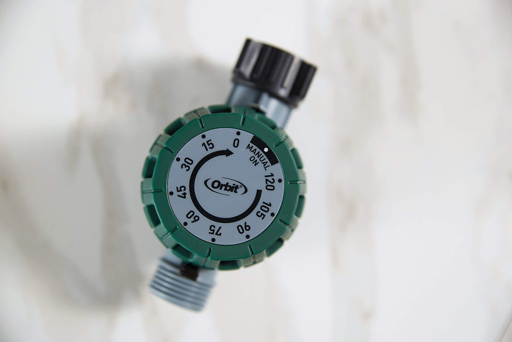 Orbit 3-Pack Mechanical Timer showing watering duration settings