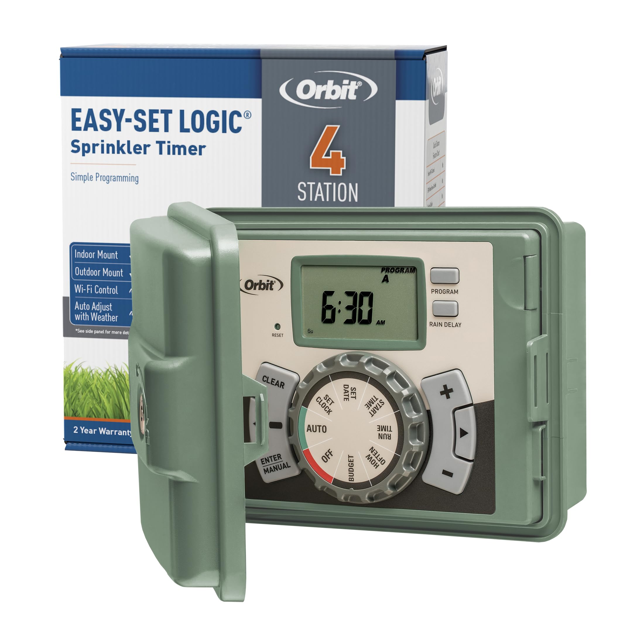 Orbit 4-Station Sprinkler Timer front view with green casing