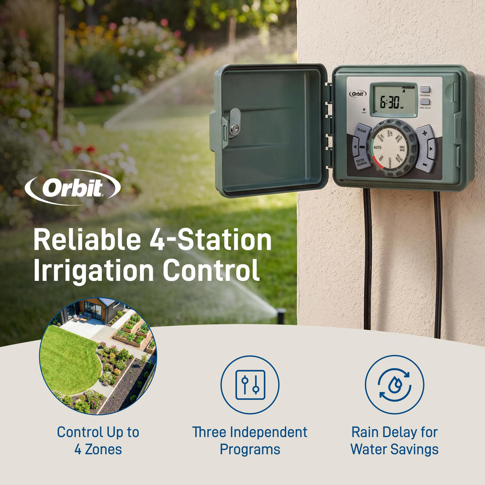 Orbit 4-Station Sprinkler Timer showing rain skip feature
