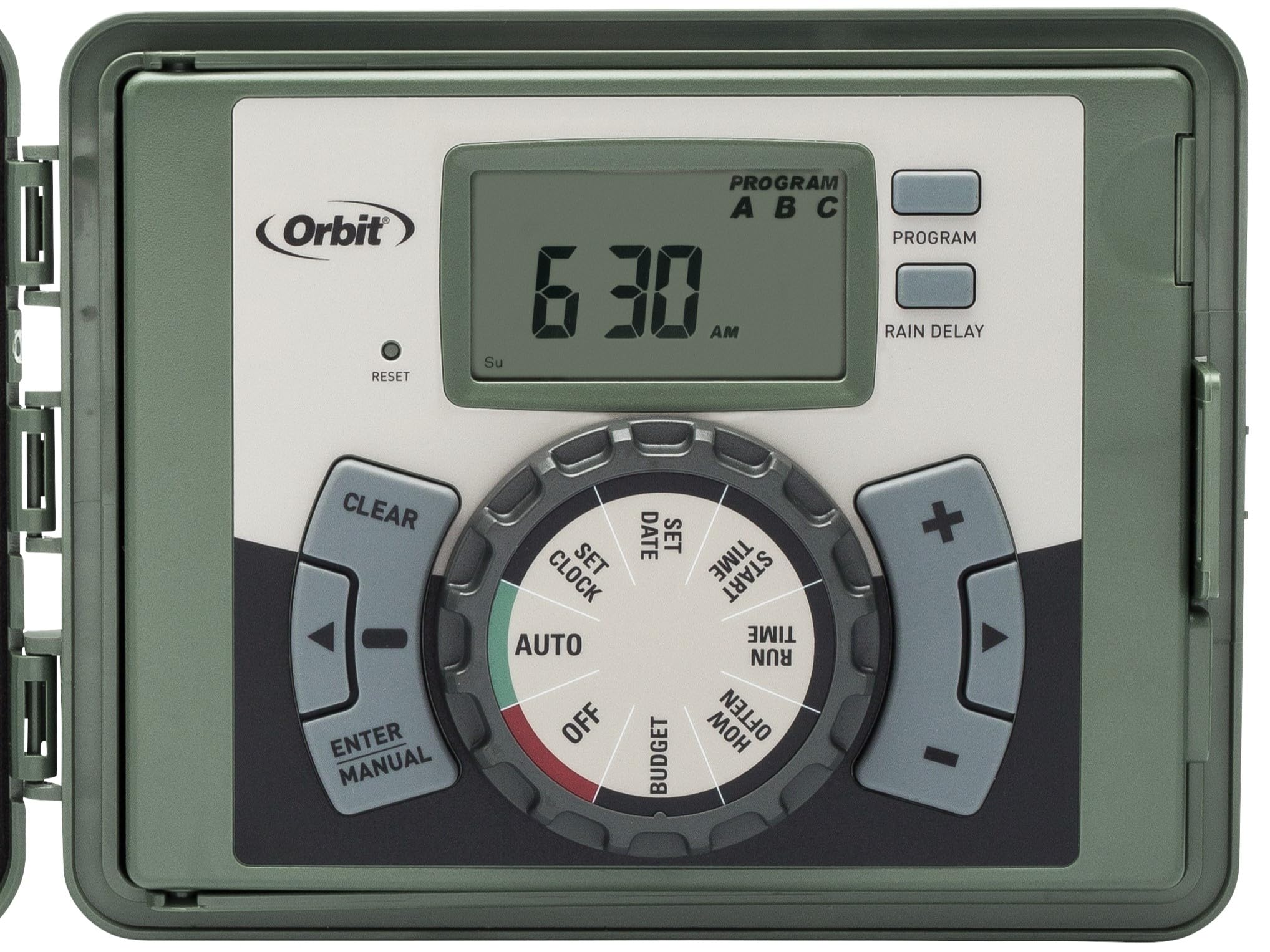 Orbit 4-Station Sprinkler Timer showing swing panel operation