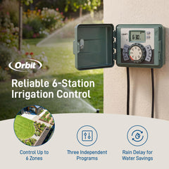 Orbit 6-Station Sprinkler Timer with swing panel open showing wiring terminals