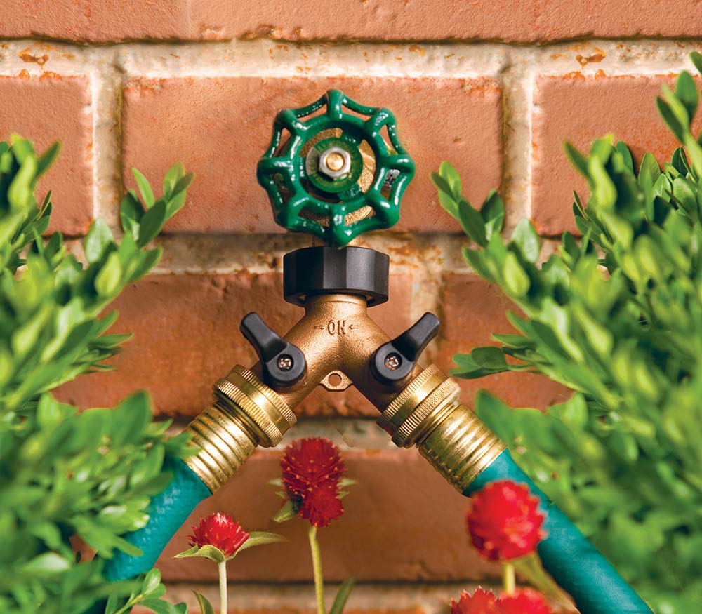 Orbit Brass Dual-Outlet Faucet Adapter installed on a standard outdoor faucet