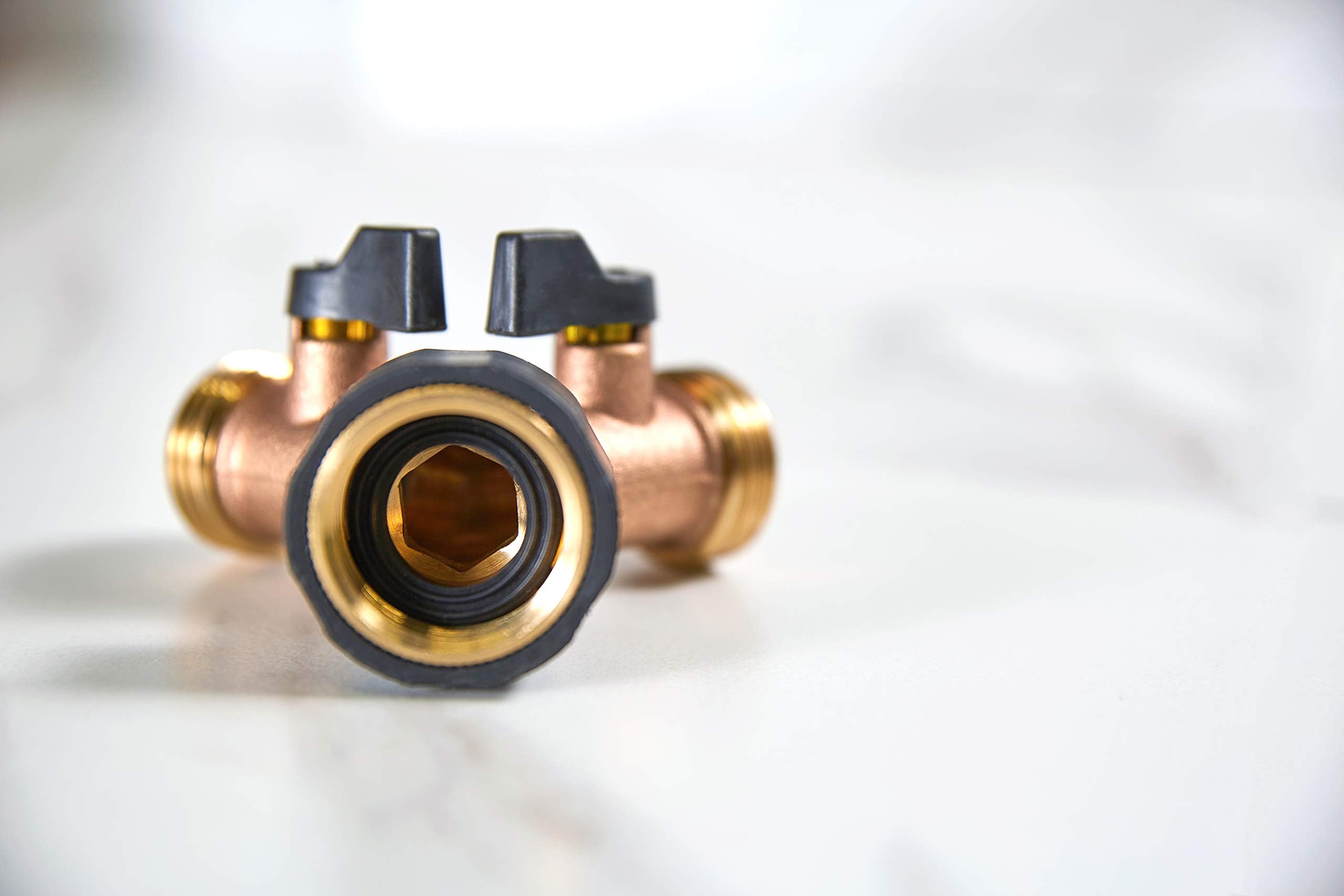 Orbit Brass Dual-Outlet Faucet Adapter with hoses connected