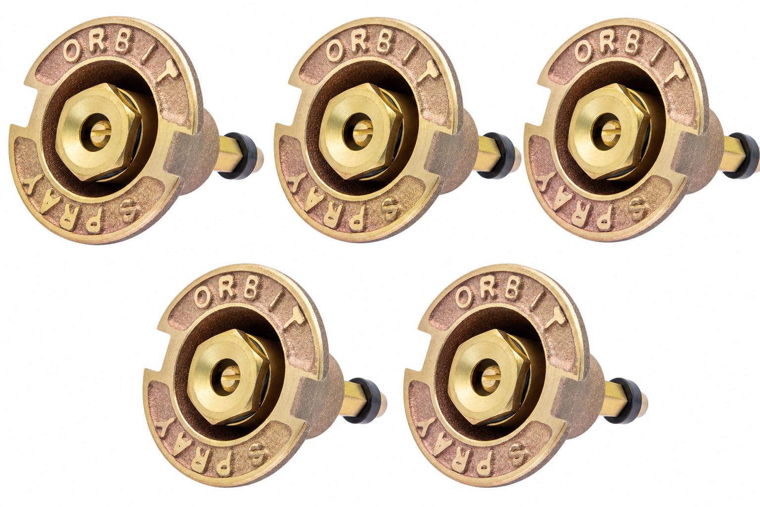Orbit Brass Pop-Up Sprinkler front view with adjustable nozzle
