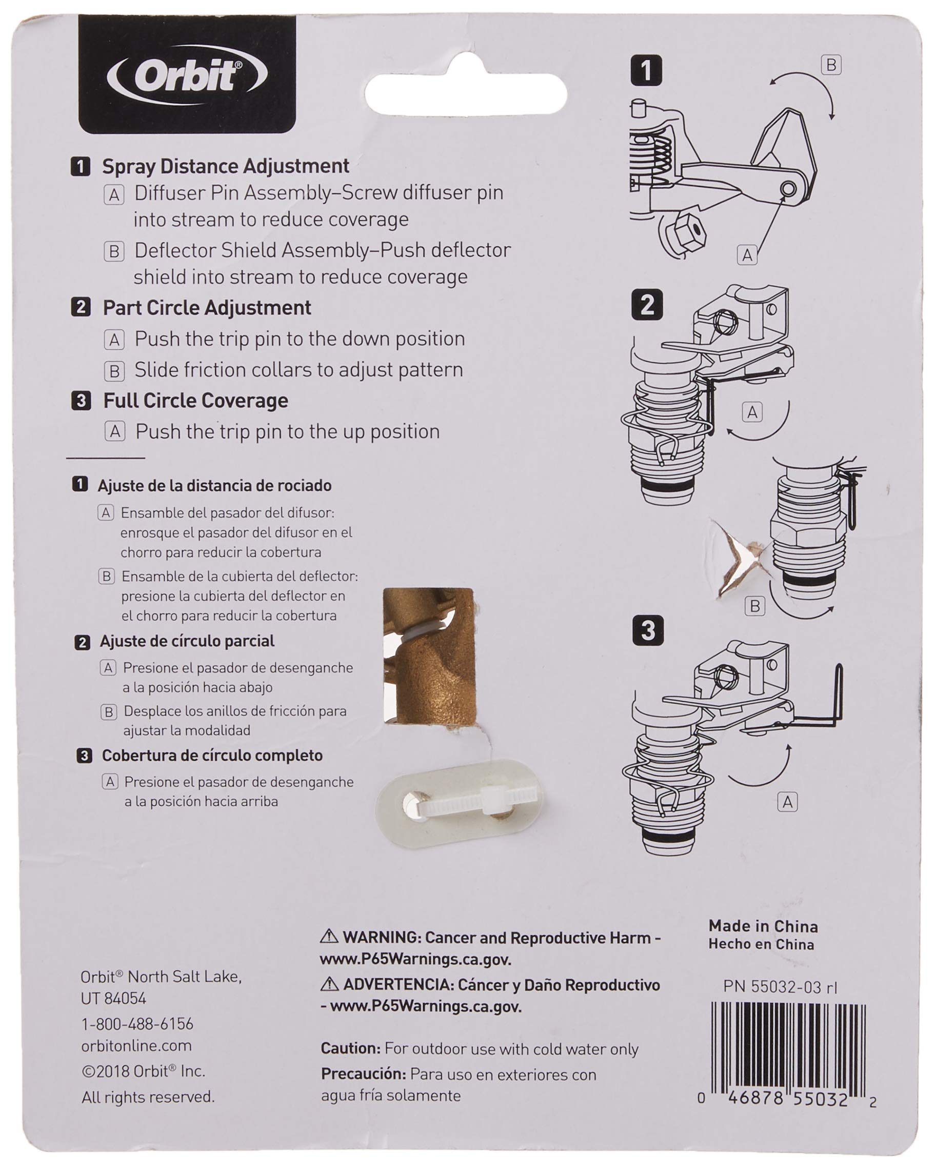 Orbit brass sprinkler head showing anti-backsplash arm design