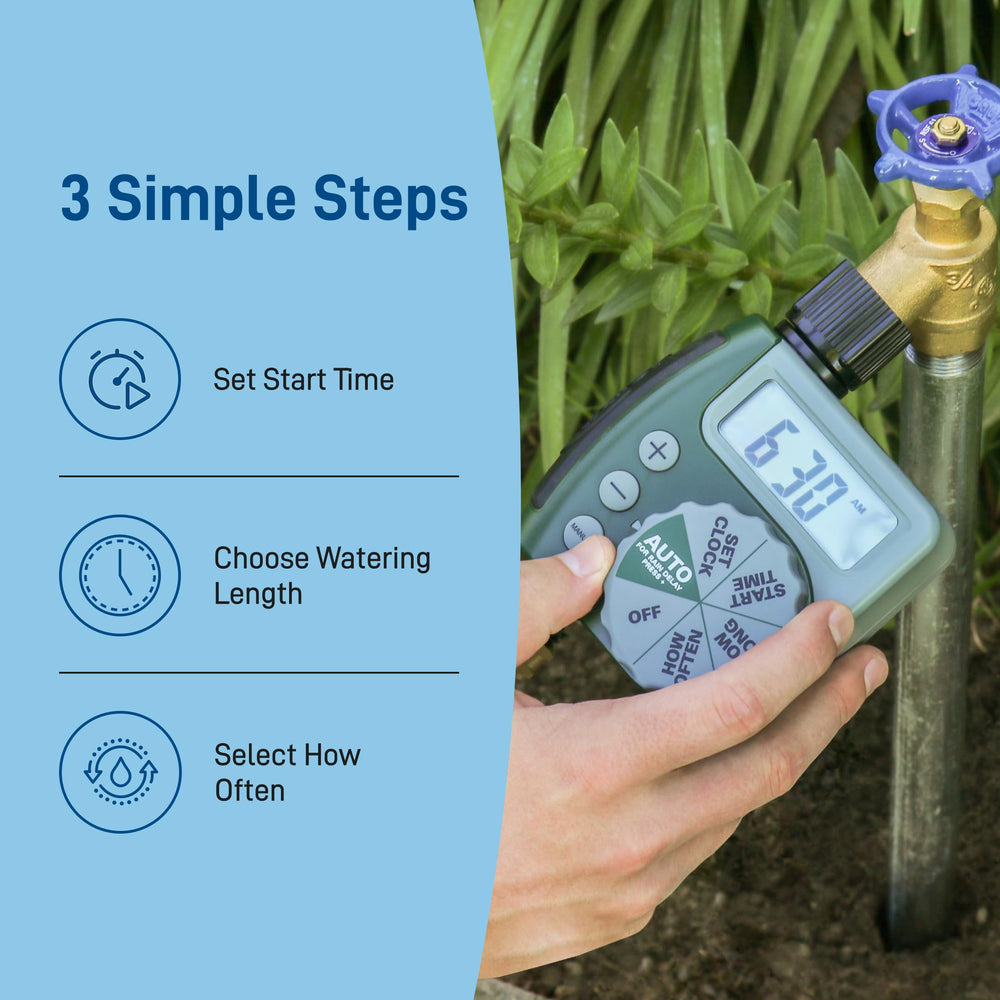 Orbit Digital Hose Timer displayed in a garden setting