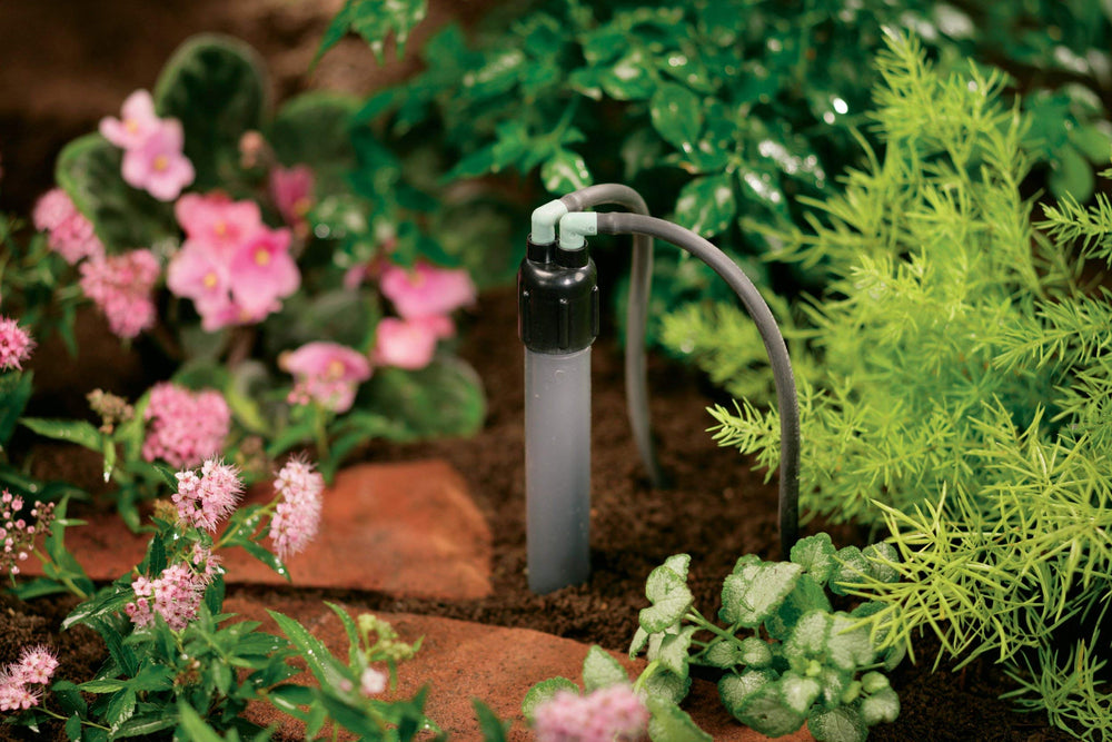 Orbit DripMaster 2-Port Manifold installed with drip tubing