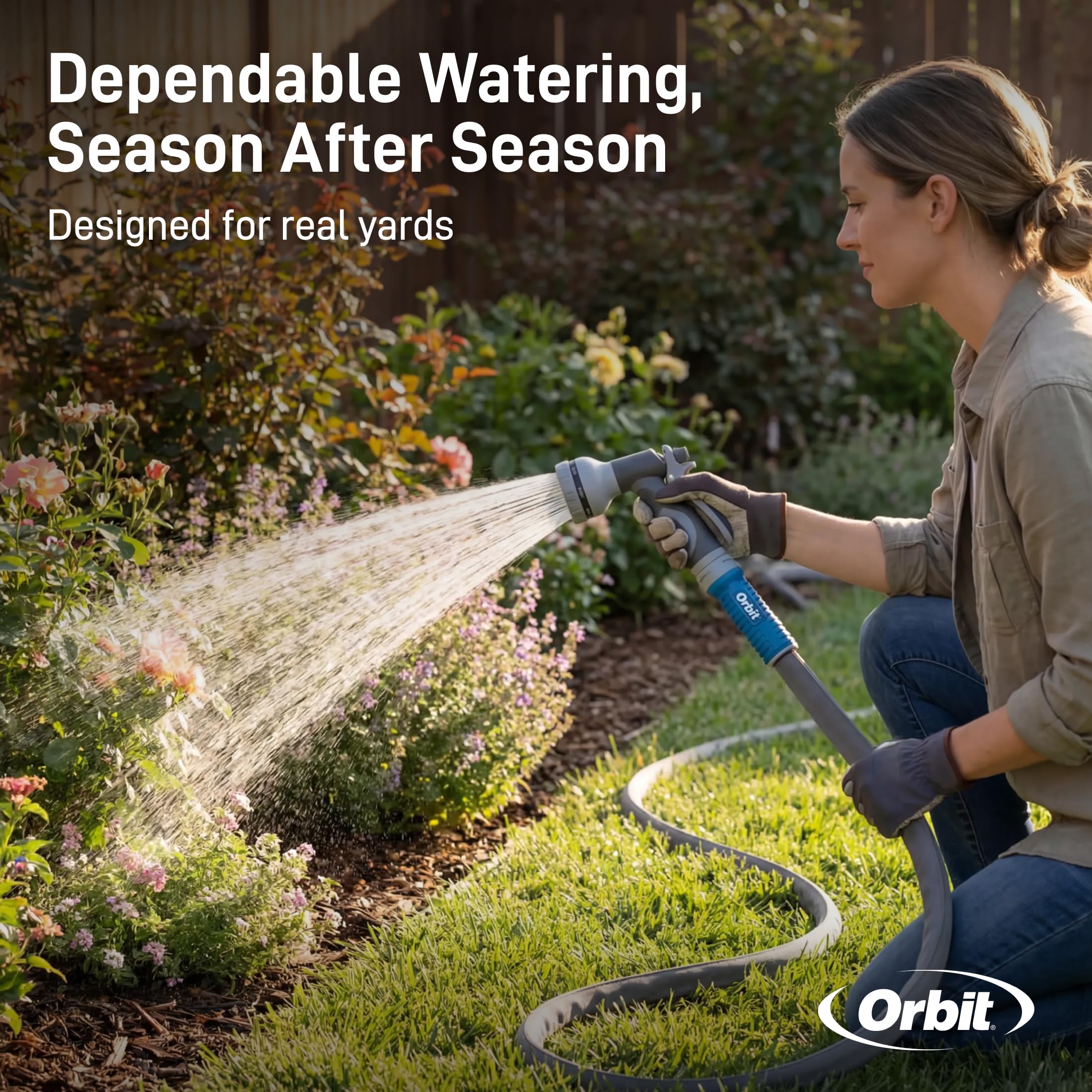 Orbit Heavy-Duty Fabric Hose displayed outdoors