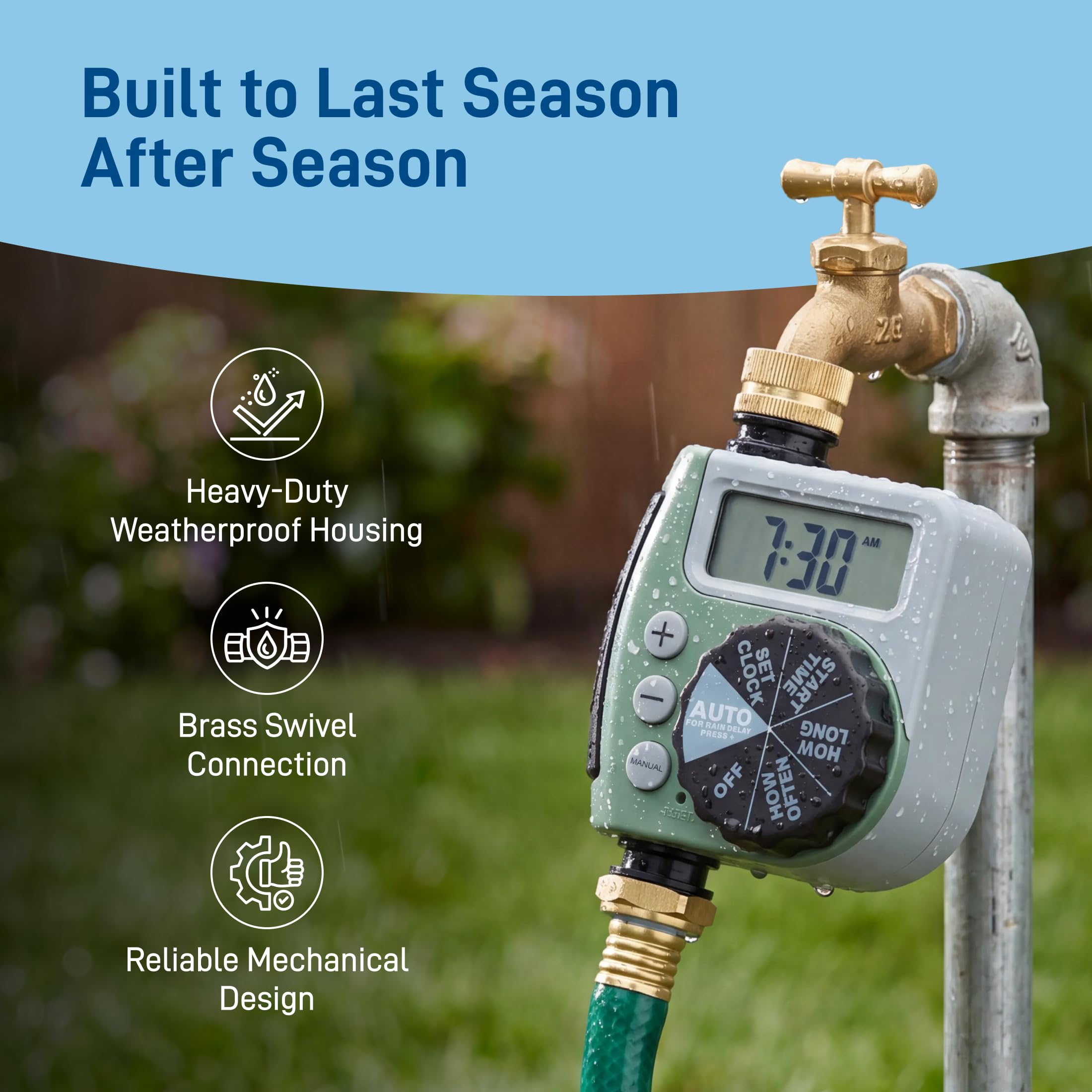 Orbit hose faucet timer shown in use at an outdoor faucet