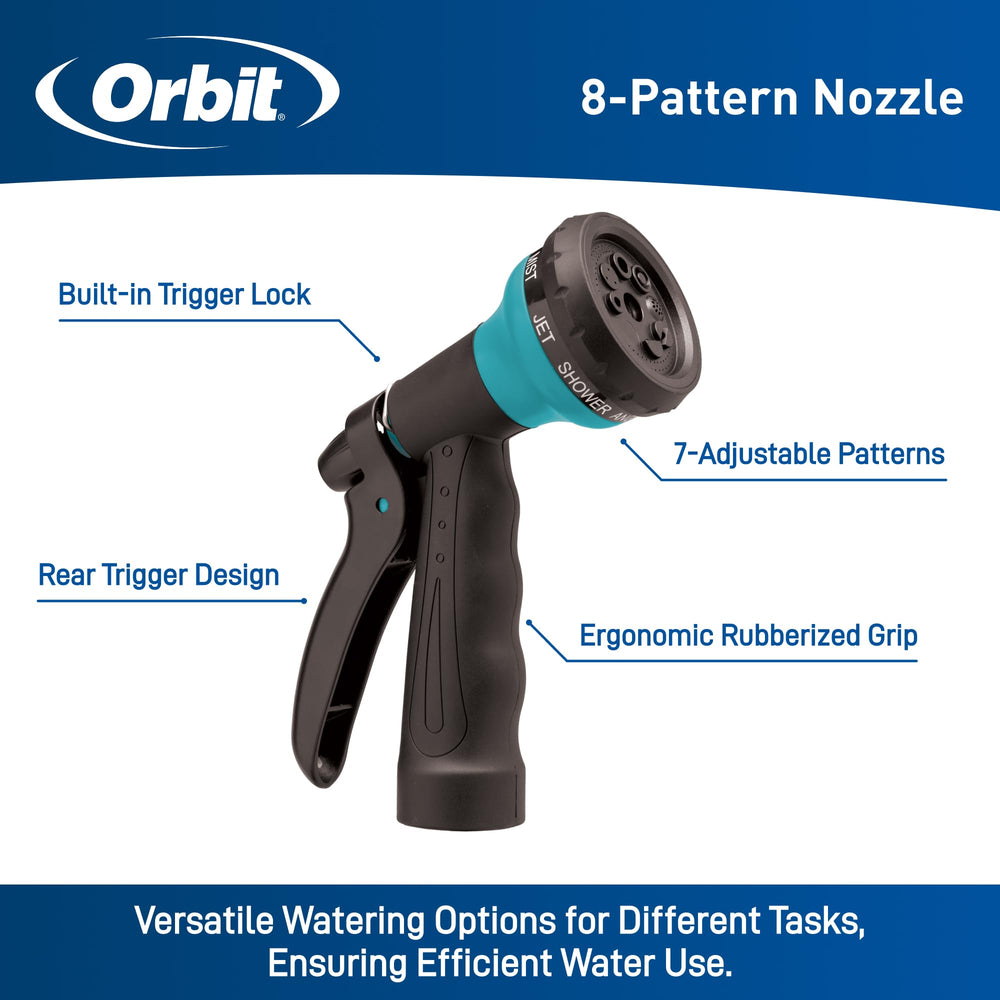 Orbit hose nozzle showing 8 spray patterns