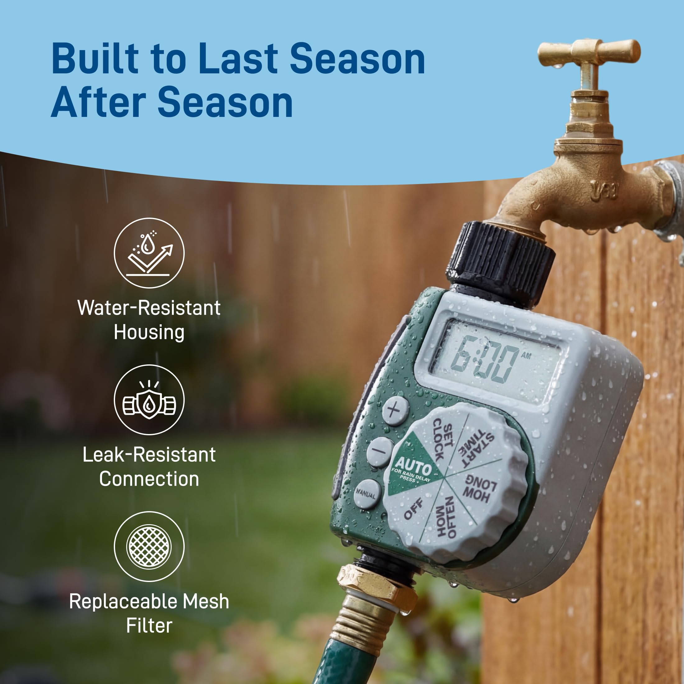 Orbit Hose Timer in use on a garden hose outdoors