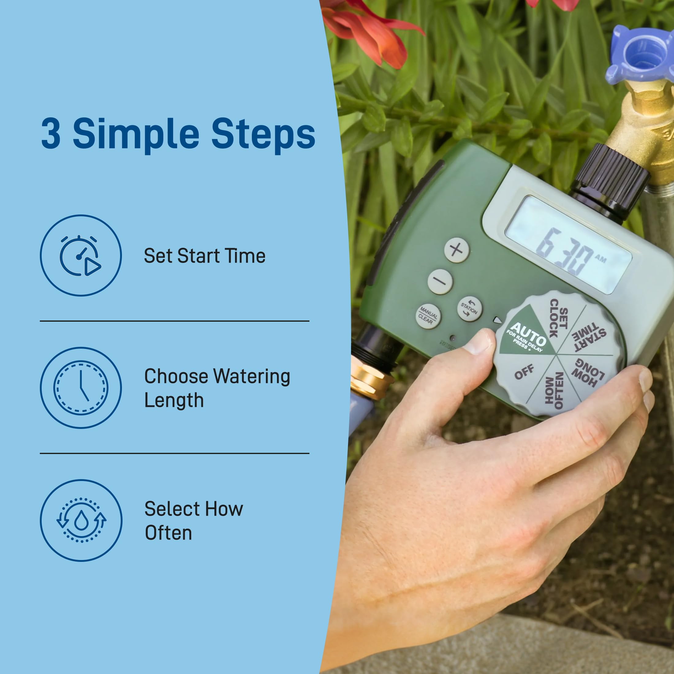 Orbit hose watering timer in an outdoor garden setting