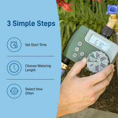 Orbit hose watering timer in an outdoor garden setting
