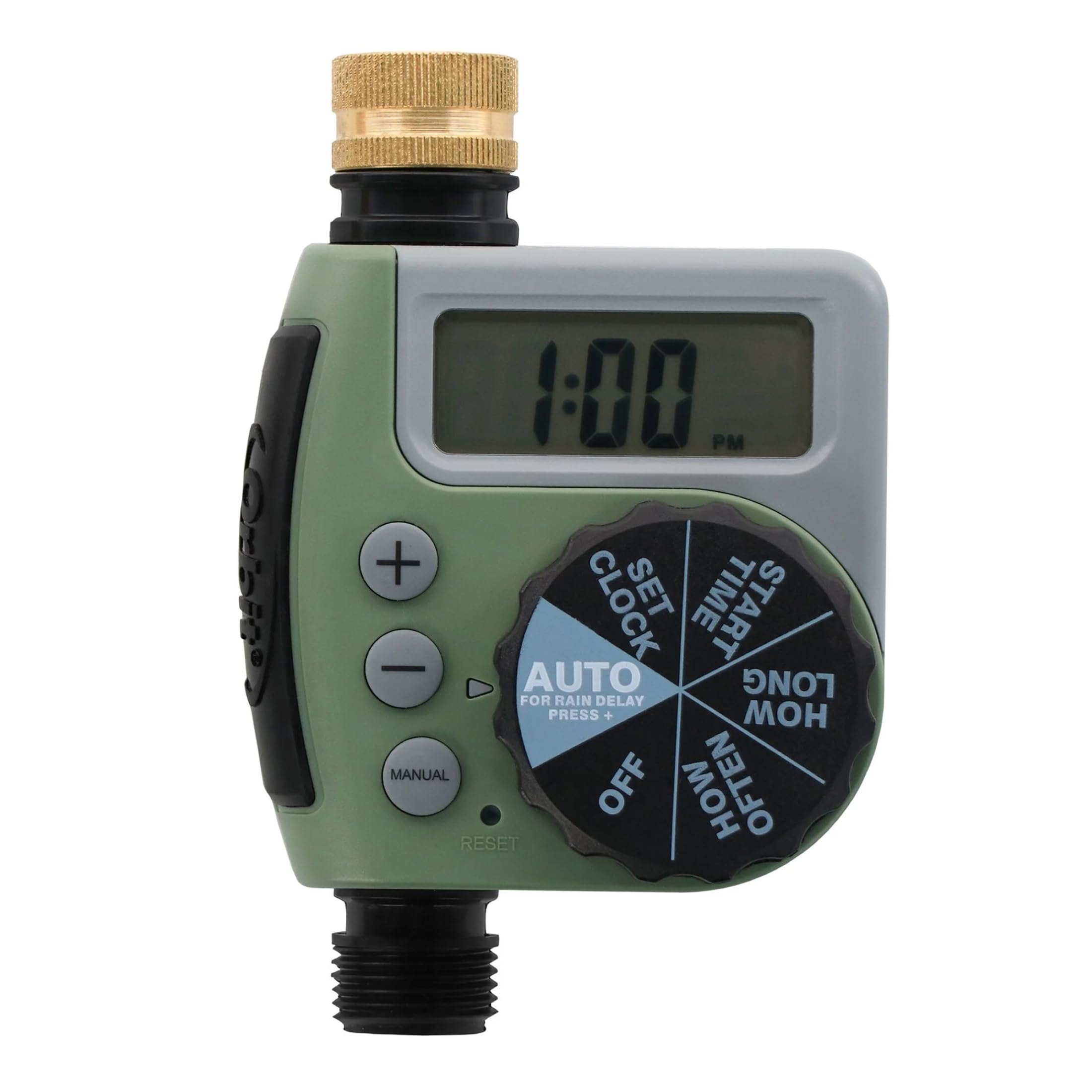 Orbit One Outlet Hose Faucet Timer front view with LCD display