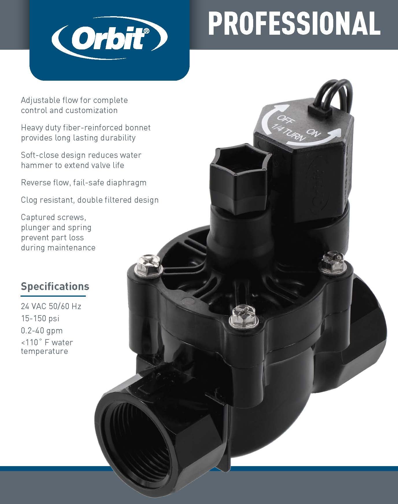 Orbit Pro 1" FPT L-Series Valve with compatible fittings
