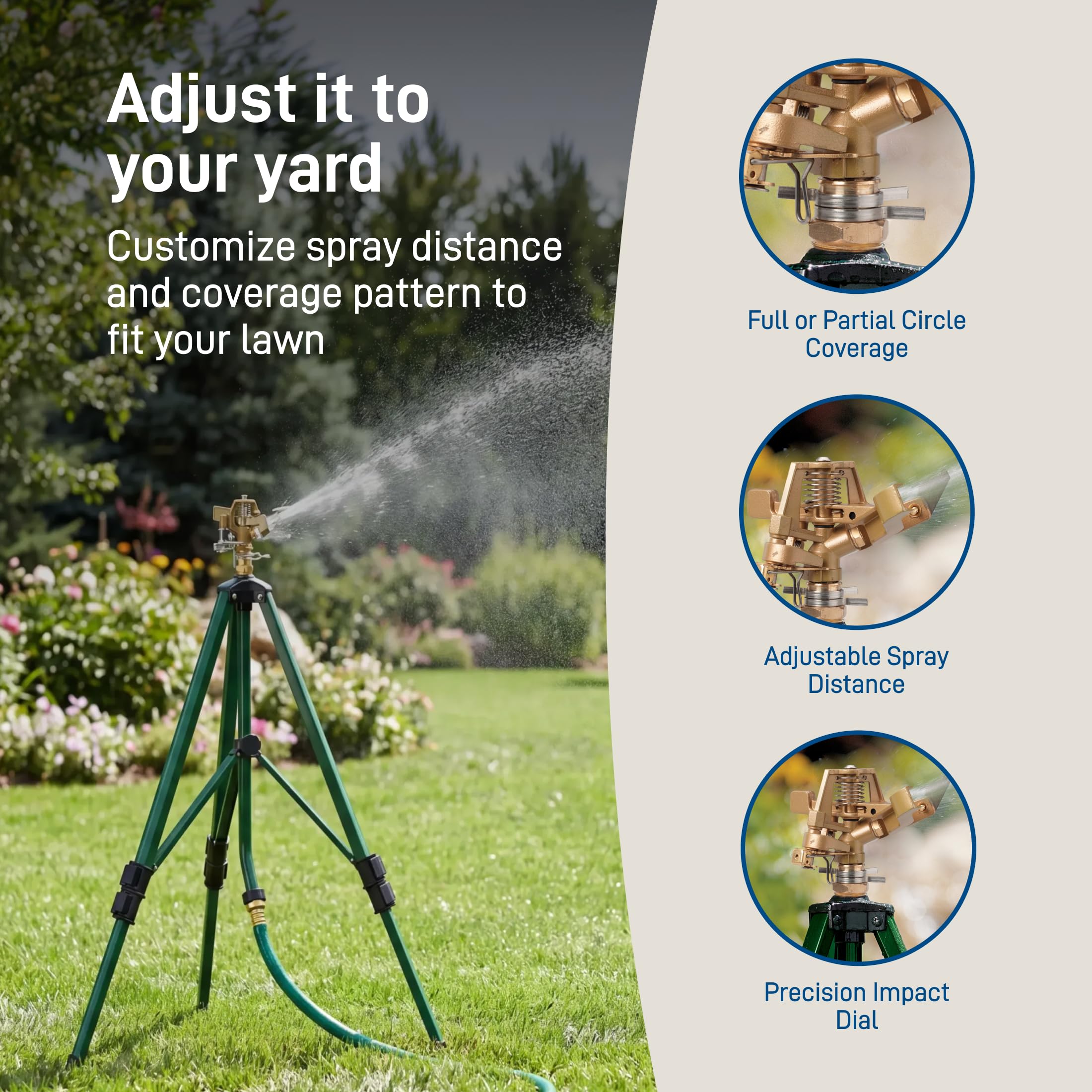 Orbit Tripod Zinc Impact Sprinkler on a landscaped garden
