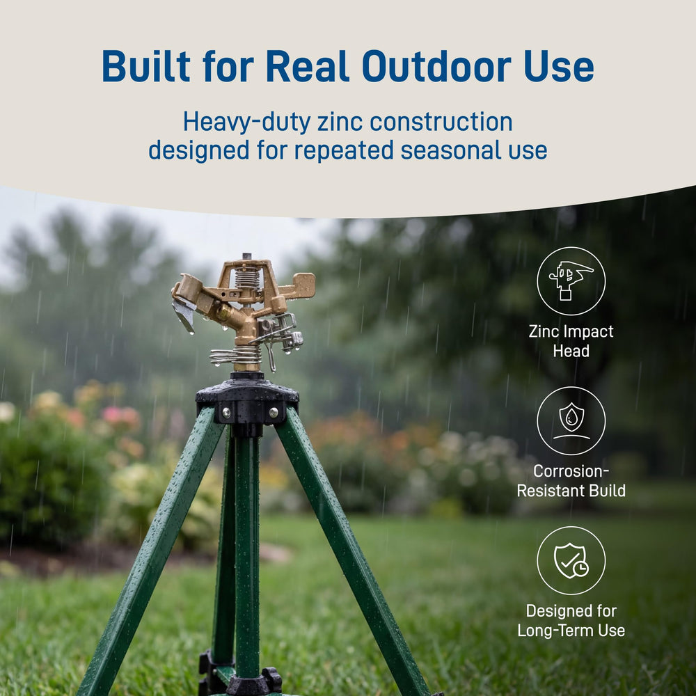 Orbit Tripod Zinc Impact Sprinkler overview with 360-degree coverage