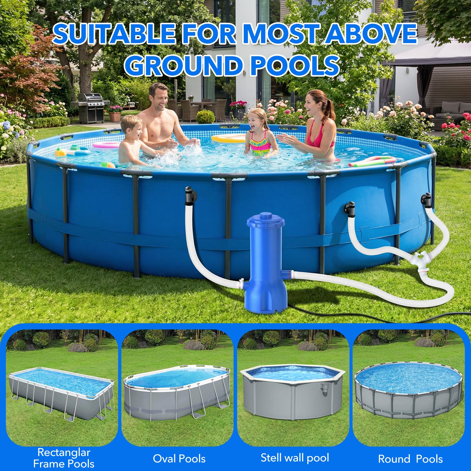 Orealla filter pump in use with an above-ground pool