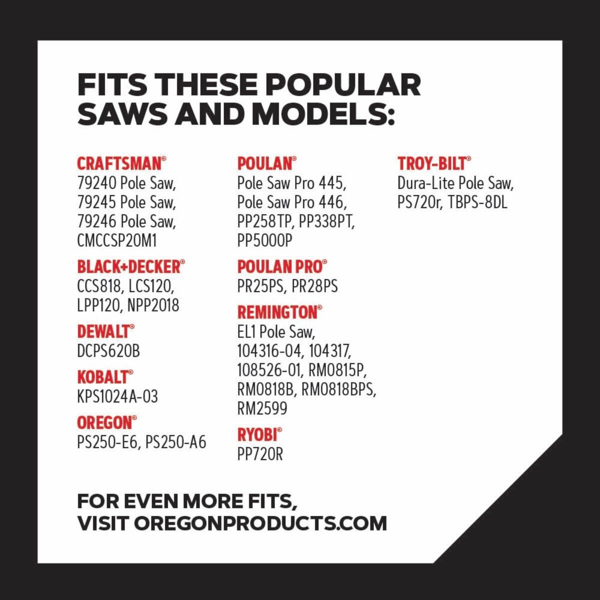 Oregon Chainsaw Chain with compatibility list for various chainsaw models