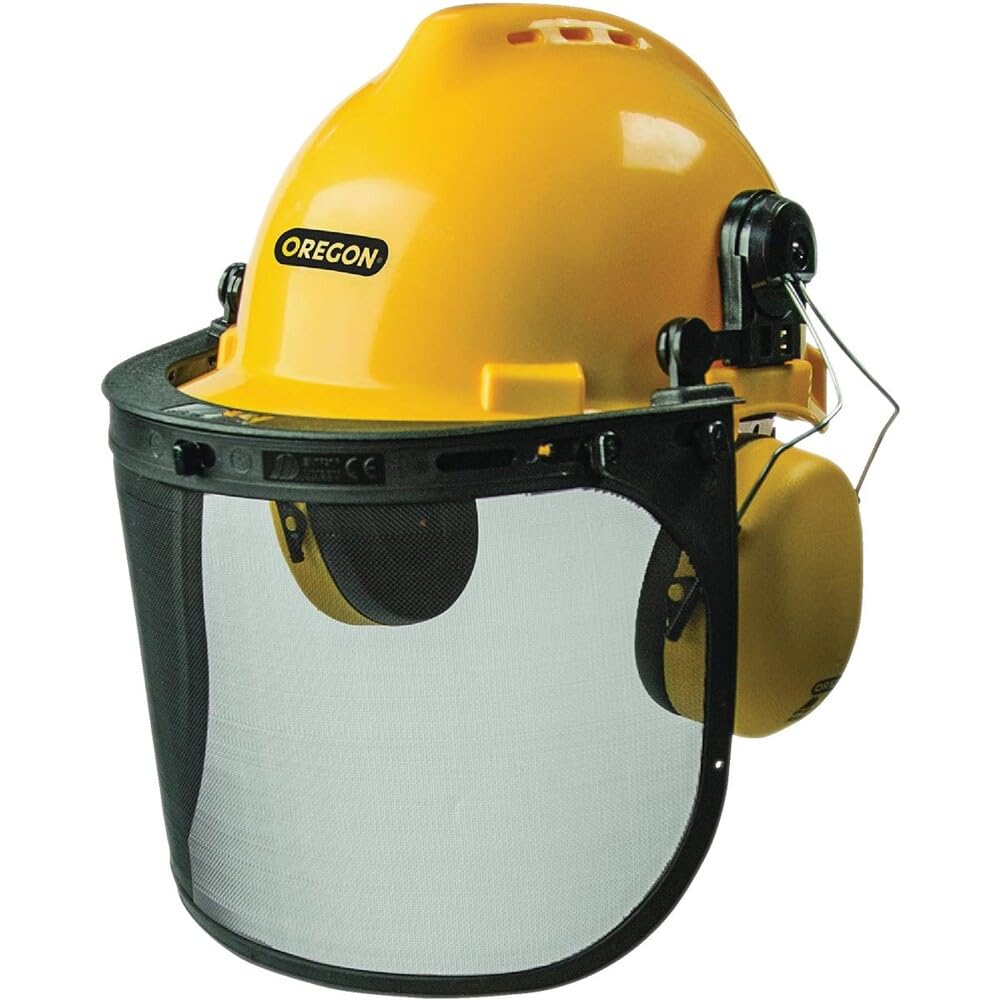 Oregon Chainsaw Safety Helmet yellow front view with mesh visor