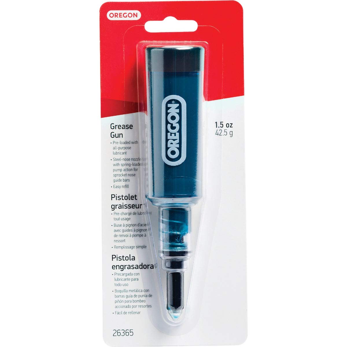 Oregon Grease Gun for Chainsaws front view with steel nozzle