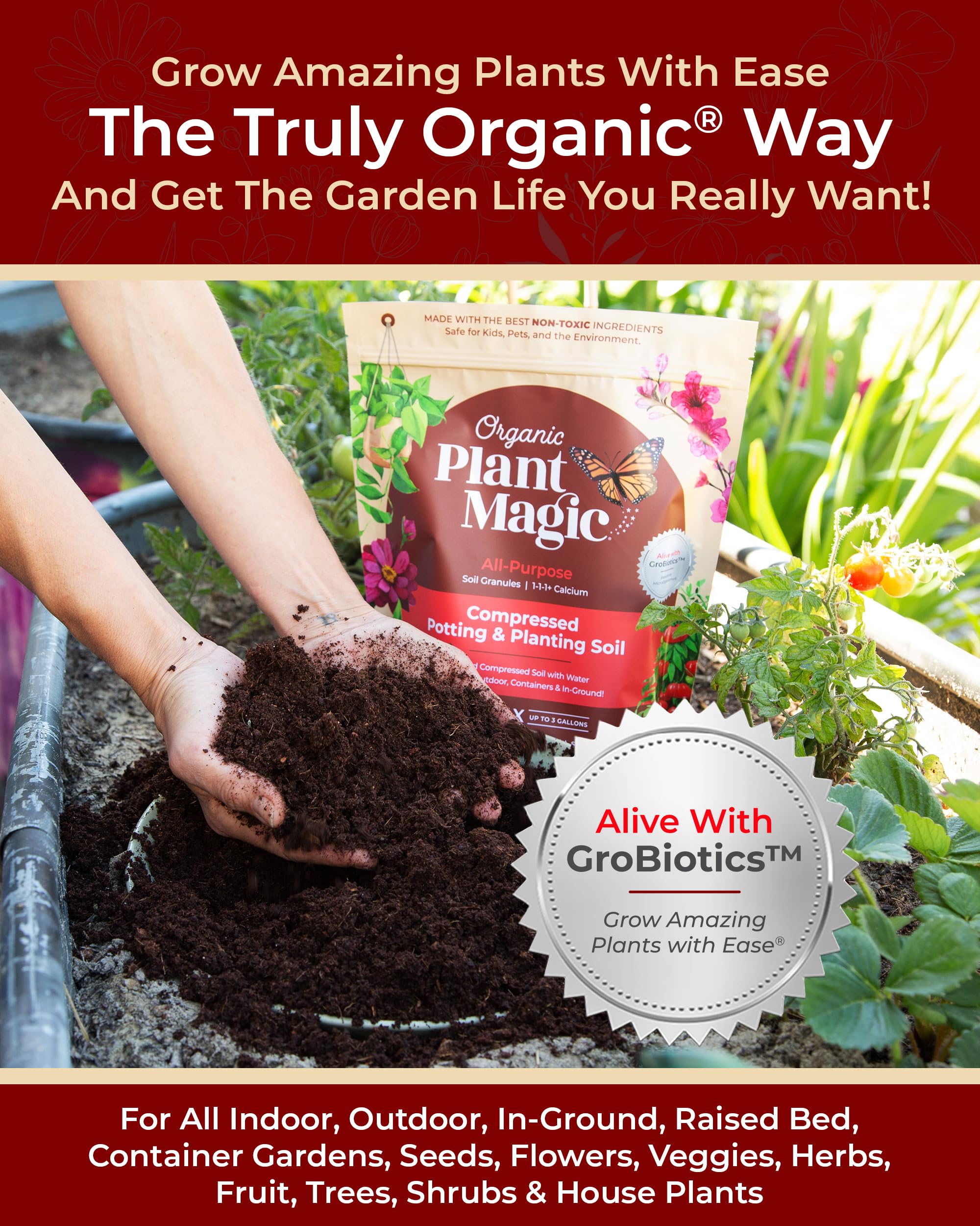 Organic Plant Magic Compressed Soil packaged with size dimensions