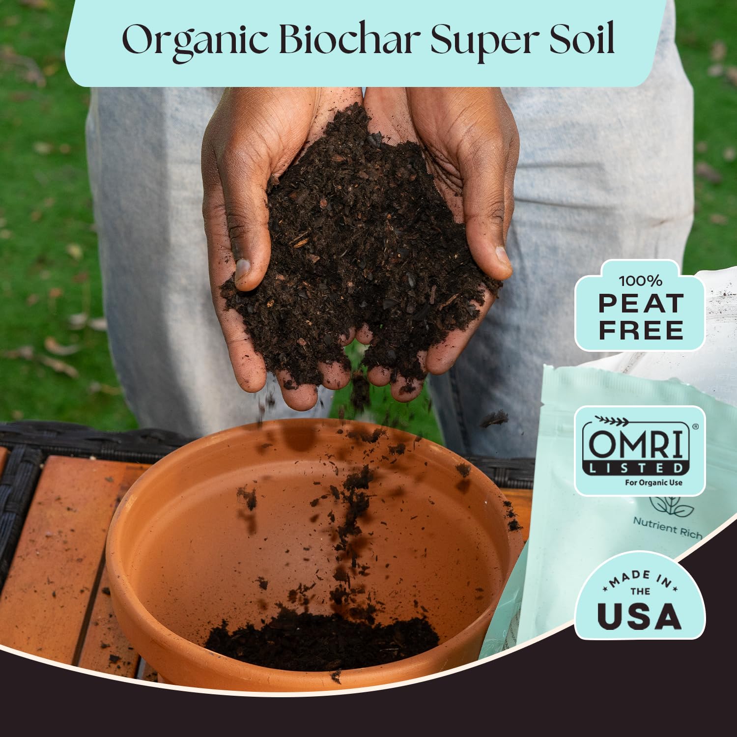 Organic potting soil for herbs in a planter