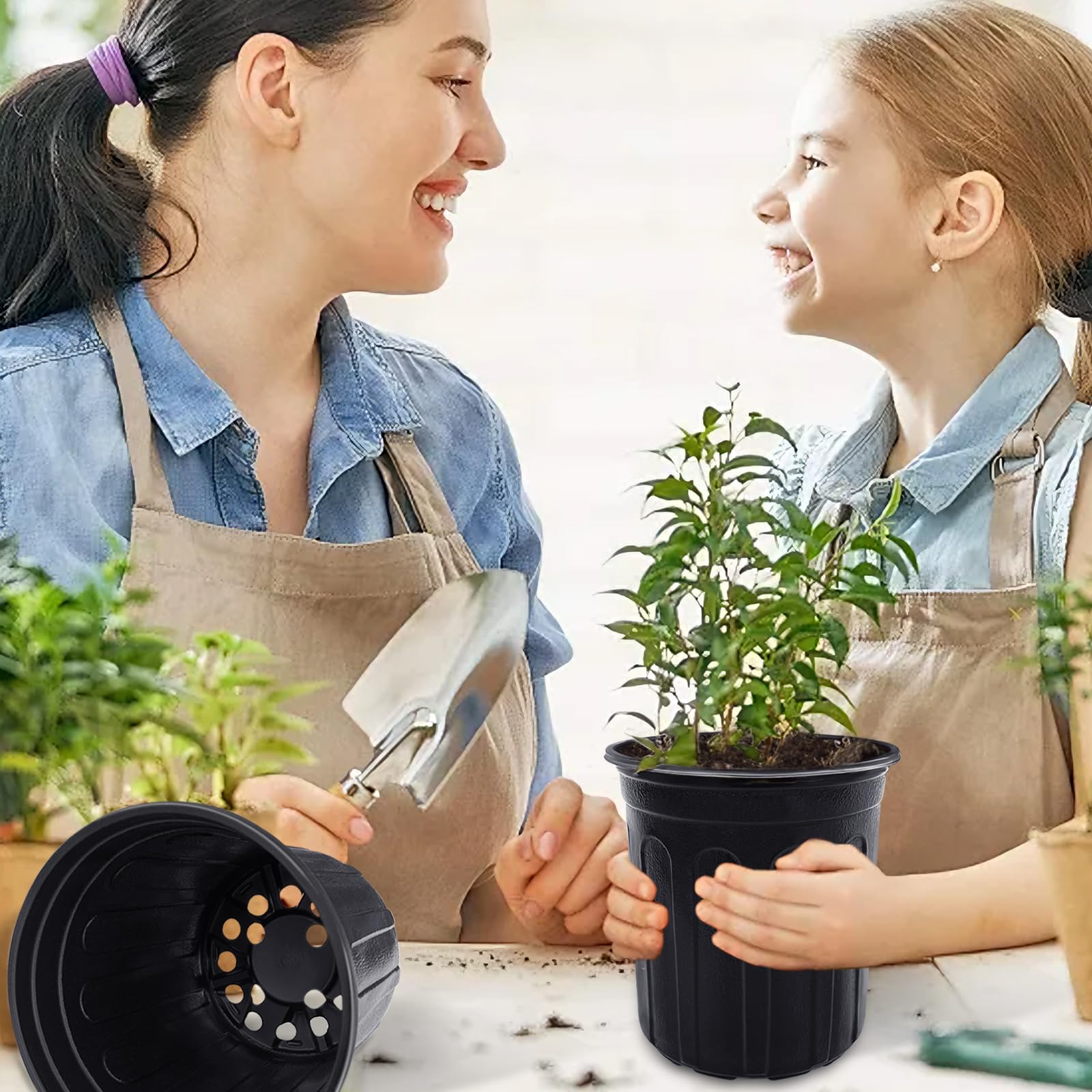 Organized storage of nursery pots in a garden shed