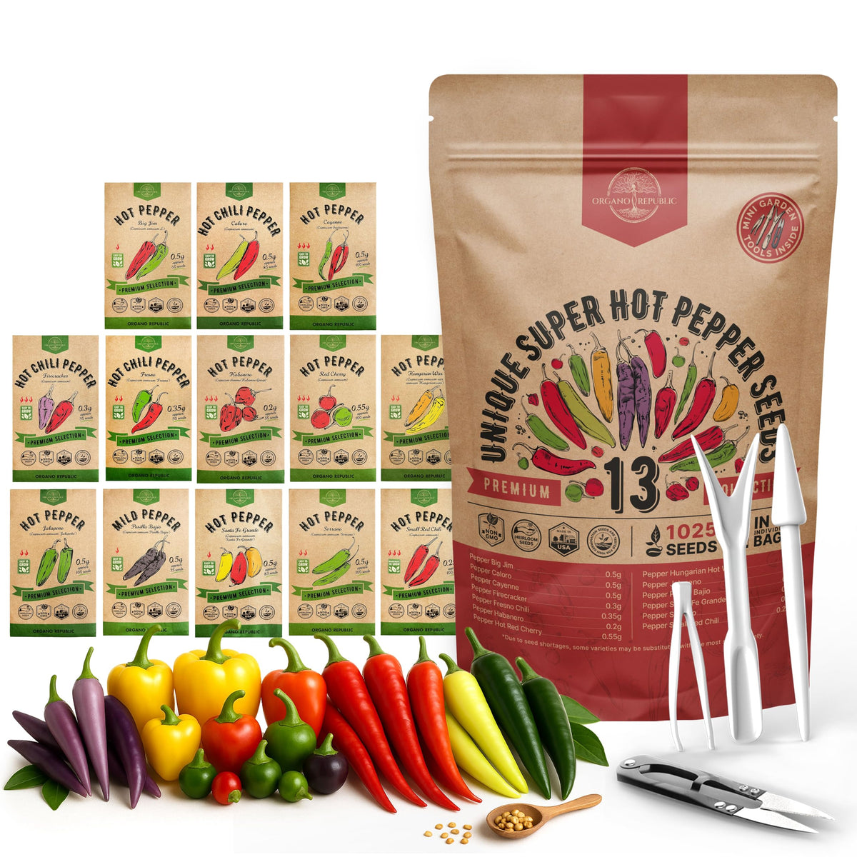 Organo Republic 13 Unique Super Hot Pepper Seeds Variety Pack front view