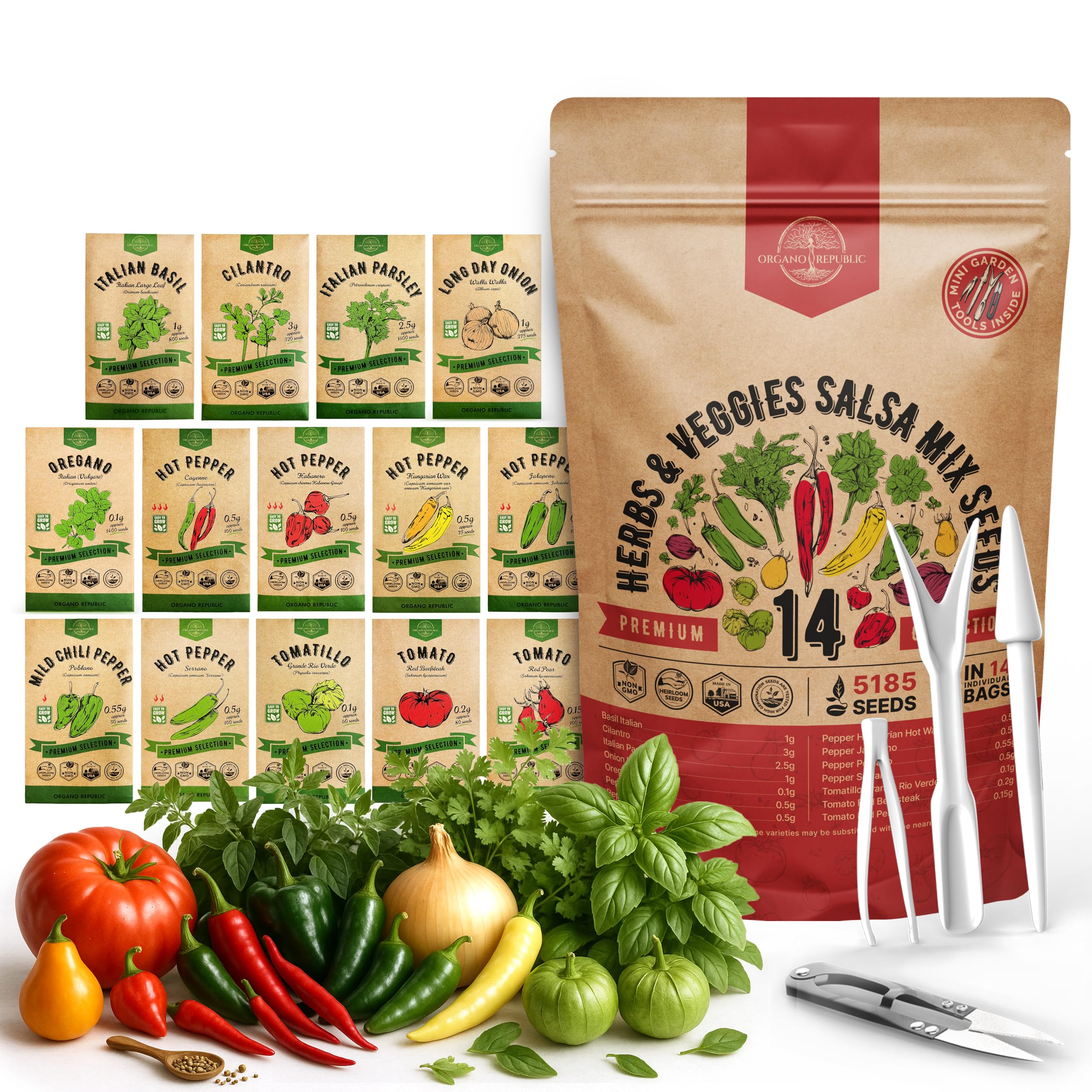 Organo Republic 14 Herbs & Veggies Salsa Mix Seeds Variety Pack front view