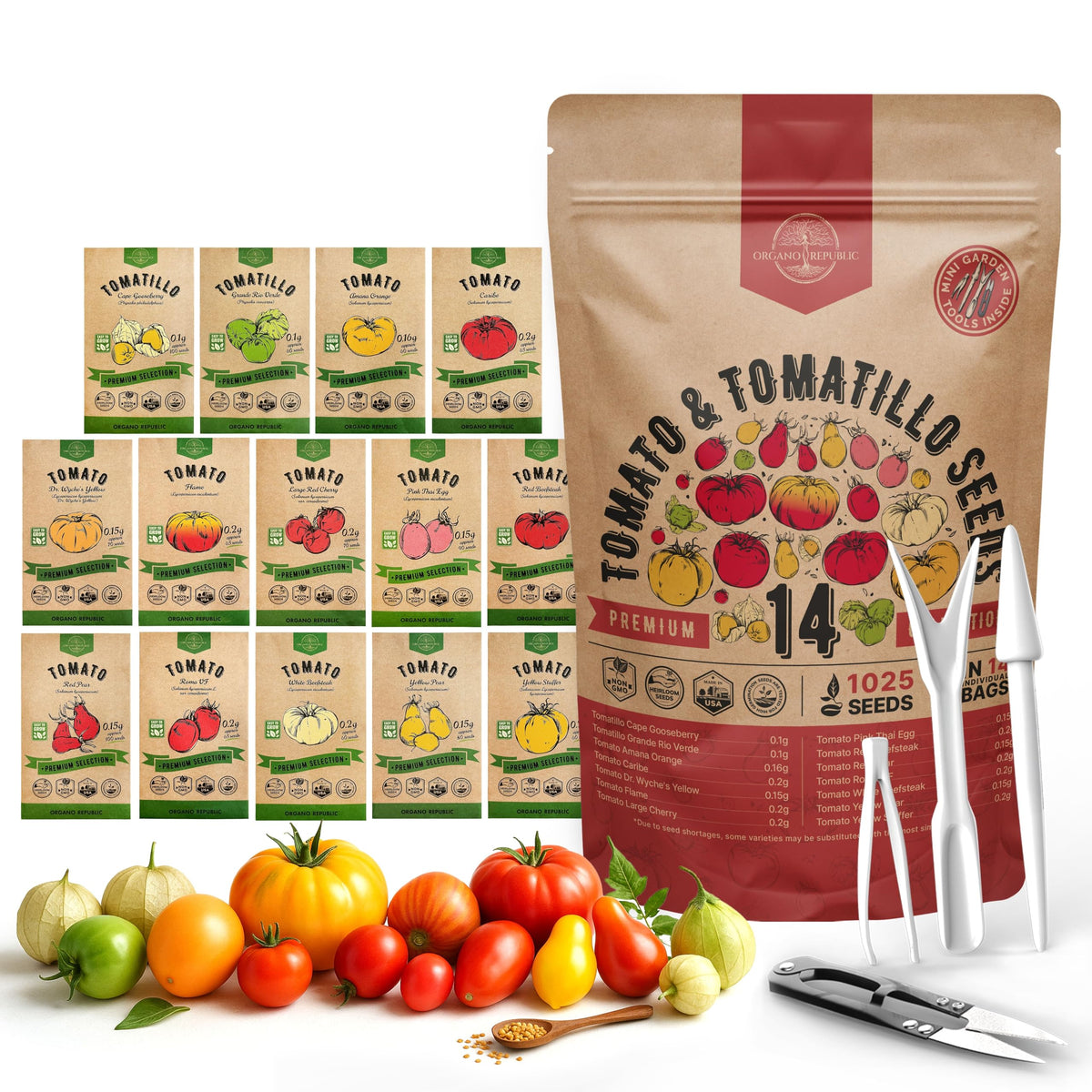 Organo Republic 14 Rare Tomato & Tomatillo Seeds Variety Pack front view
