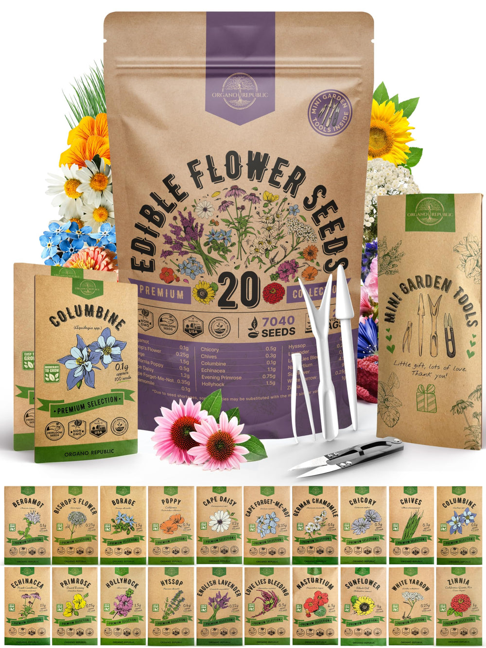Organo Republic 20 Edible Flower Seeds Variety Pack front view