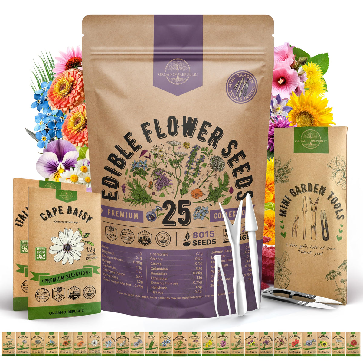 Organo Republic 25 Edible Flower Seeds Variety Pack front view