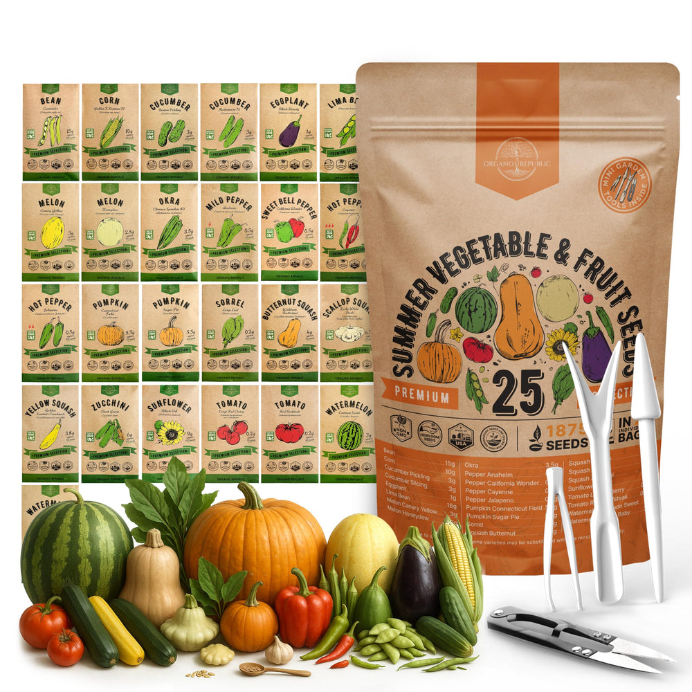 Organo Republic 25 Summer Vegetable & Fruit Seeds Variety Pack front view