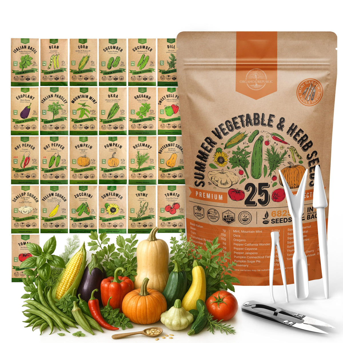 Organo Republic 25 Summer Vegetable & Herb Seeds Variety Pack front view