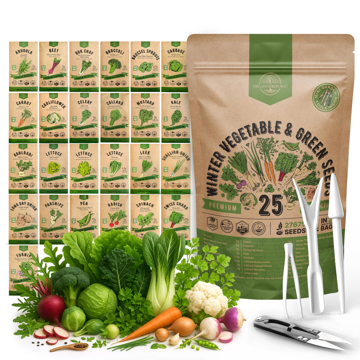 Organo Republic 25 Winter Vegetable Seeds Variety Pack front view